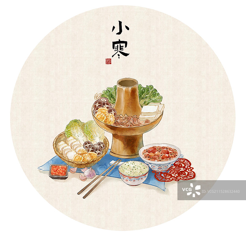 小寒腊八节节气中国传统美食菜饭羊肉火锅黄芽菜腊八粥—国画古风水墨国风海报模板设计图片素材