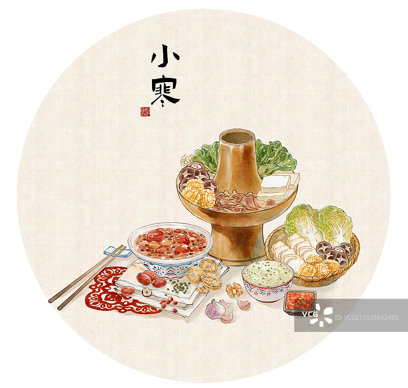 小寒腊八节节气中国传统美食菜饭羊肉火锅黄芽菜腊八粥—国画古风水墨国风海报模板设计图片素材