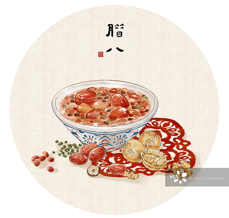 腊八节小寒节气中国传统美食腊八粥窗花剪纸坚果红枣五谷杂粮—国画古风水墨国风海报模板设计图片素材