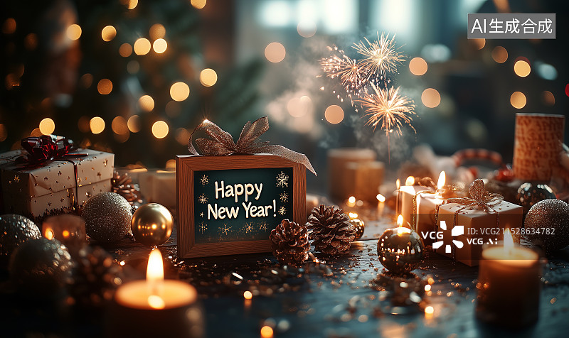 【AI数字艺术】圣诞树礼盒烛光背景上英文新年快乐图片素材