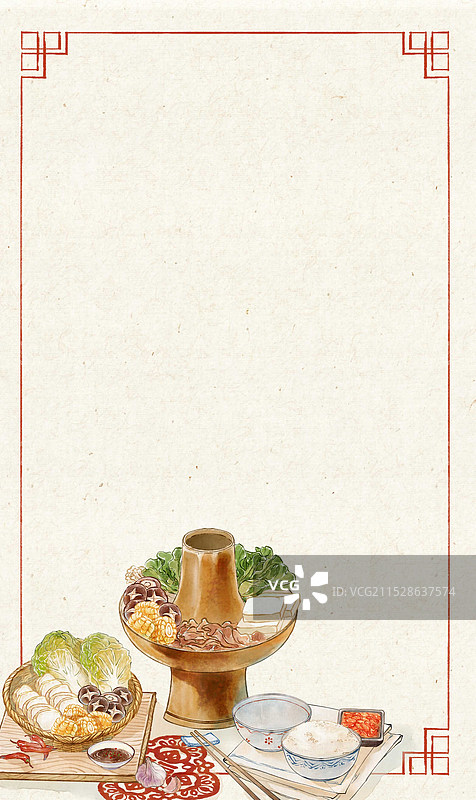 小寒腊八节节气中国传统美食羊肉火锅腊八粥窗花剪纸坚果红枣五谷杂粮—国画古风水墨国风插画图片素材