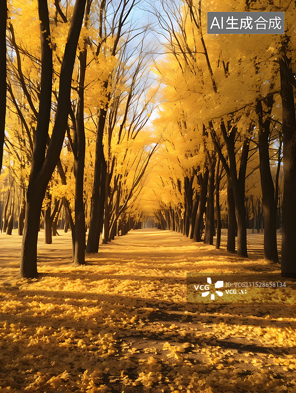 【AI数字艺术】秋天金色阳光下的树林图片素材