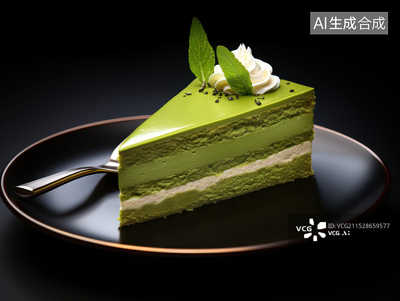 【AI数字艺术】绿色的抹茶蛋糕与水果装饰图片素材