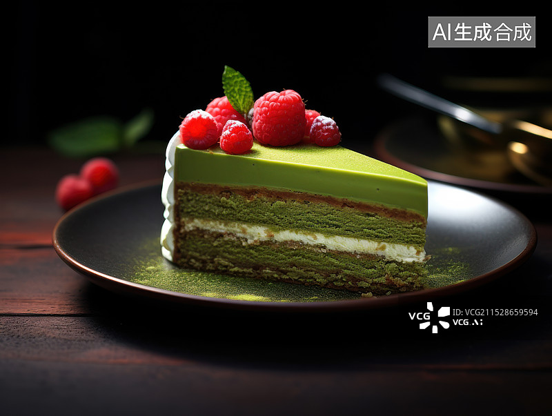 【AI数字艺术】绿色的抹茶蛋糕与水果装饰图片素材