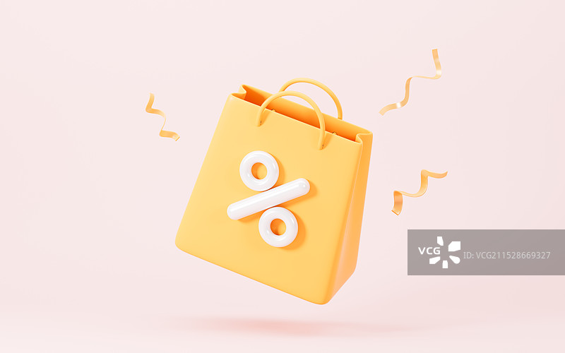 卡通黄色购物袋和打折标志3D渲染图片素材