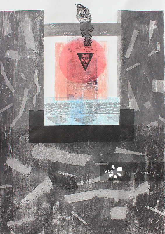 《坐井观天》木板水印图片素材