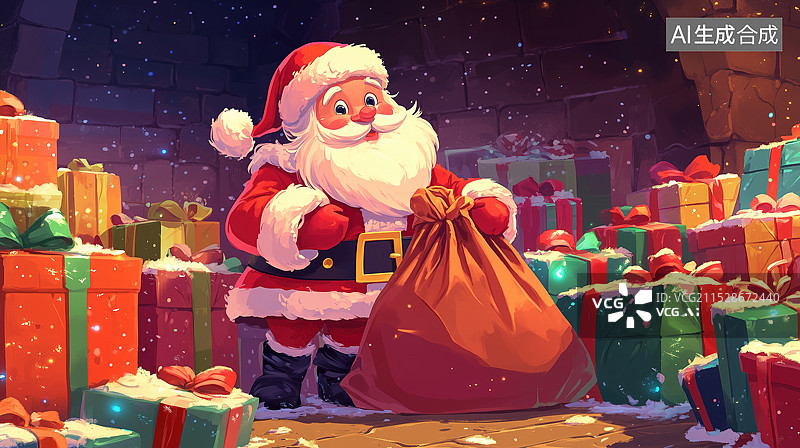 【AI数字艺术】派礼物的圣诞老人插画图片素材