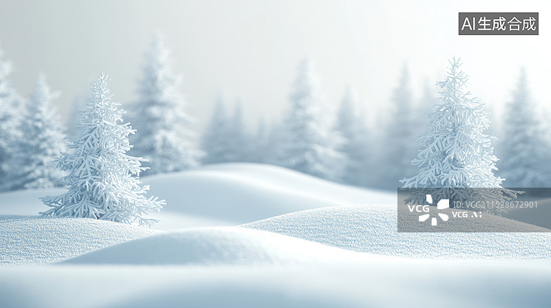 【AI数字艺术】冬天简约干净白色3D雪地和树场景图片素材