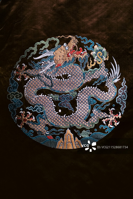 故宫博物院藏清康熙古铜色八团金龙纹妆花缎女夹龙袍团龙纹特写图片素材