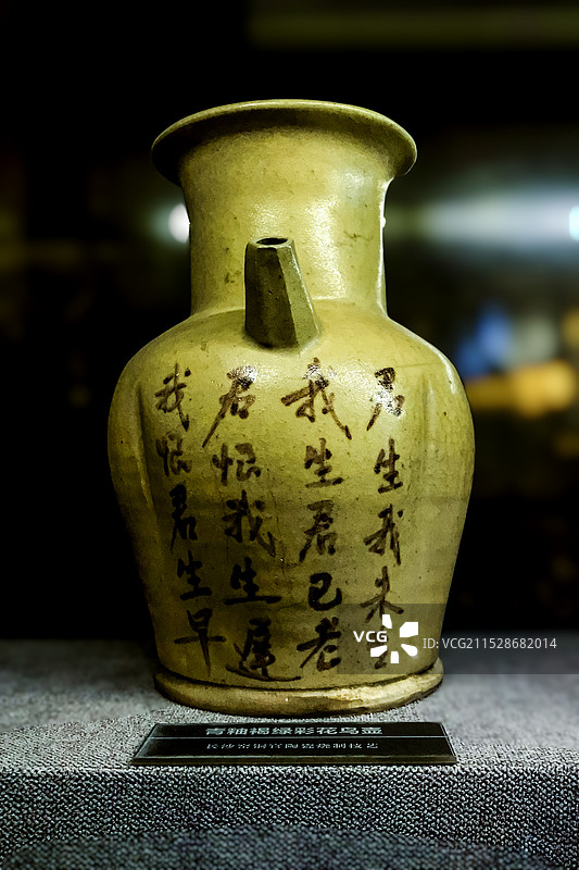 长沙铜官窑青釉褐绿彩花鸟壶（君生我未生，我生君已老。君恨我生迟，我恨君生早）图片素材