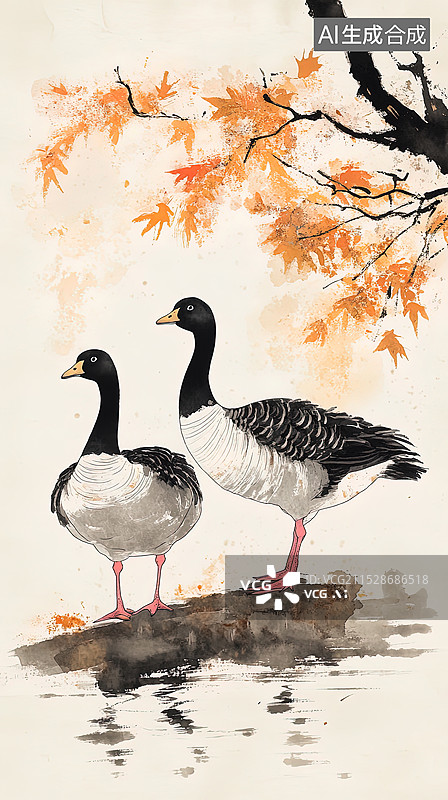 【AI数字艺术】中国画两只野鸭子图片素材