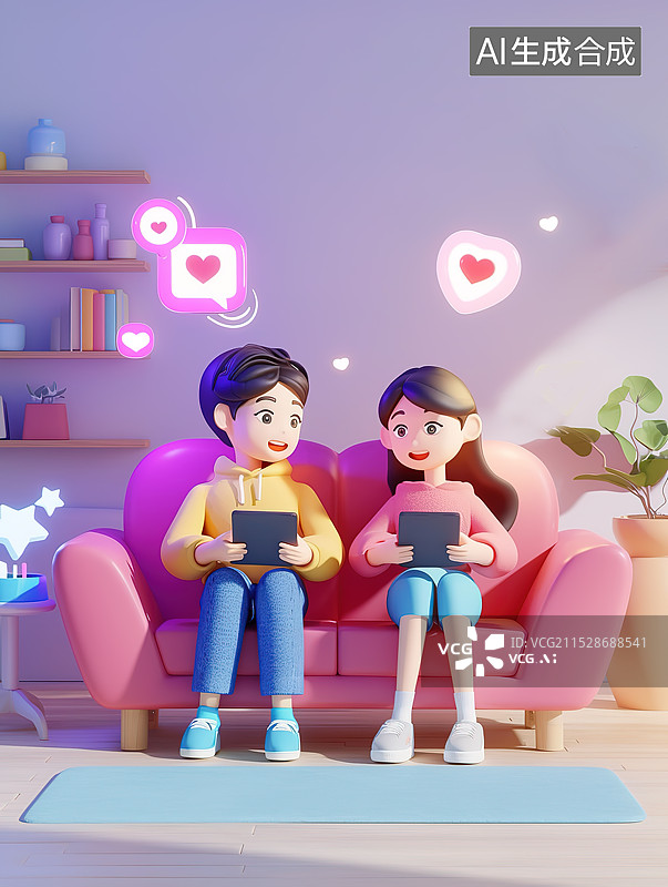 【AI数字艺术】一堆夫妻坐在客厅里玩平板电脑和手机图片素材