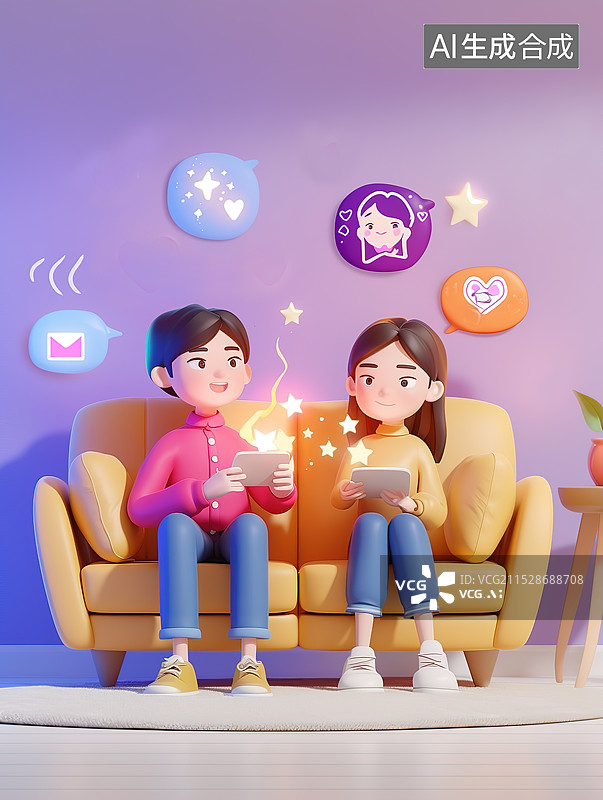 【AI数字艺术】一堆夫妻坐在客厅里玩平板电脑和手机图片素材