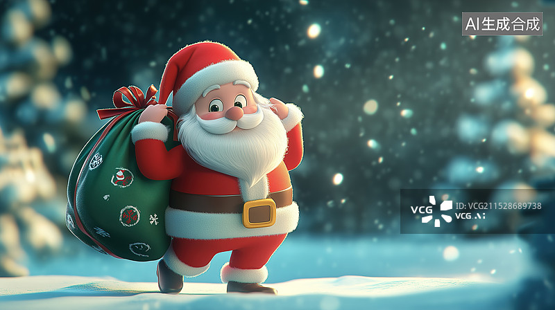 【AI数字艺术】3d卡通圣诞老人背着礼物袋场景图片素材