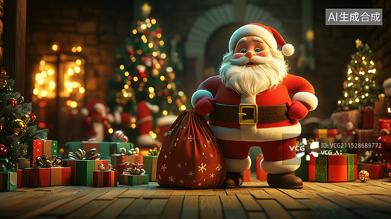 【AI数字艺术】3d卡通圣诞老人背着礼物袋场景图片素材