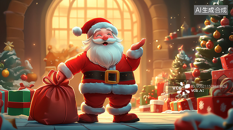 【AI数字艺术】3d卡通圣诞老人背着礼物袋场景图片素材