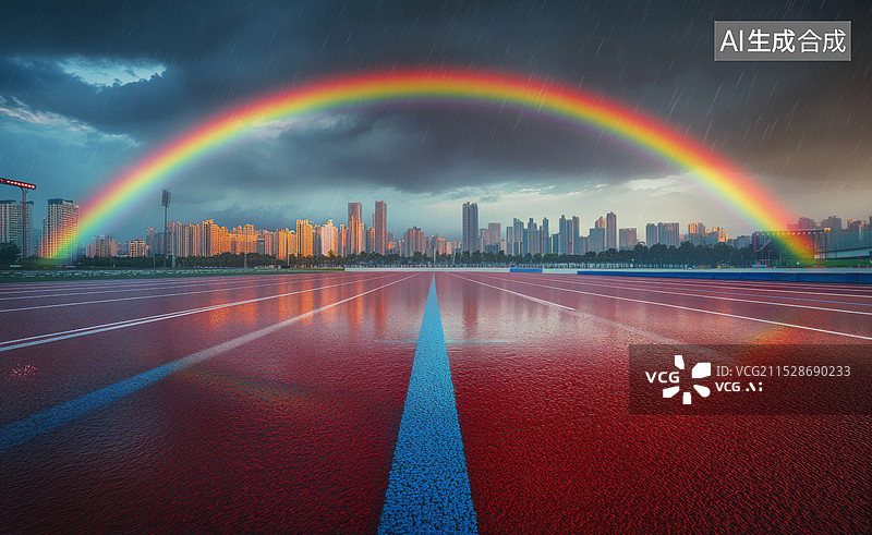 【AI数字艺术】一条彩虹色的跑道，通向远方的城市天际线。天空中有一道明亮的彩虹，地平线上有绿色的树木和远处的高楼大厦图片素材