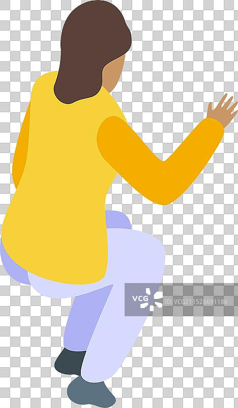 年轻女性蹲下并伸出手的等距图像图片素材