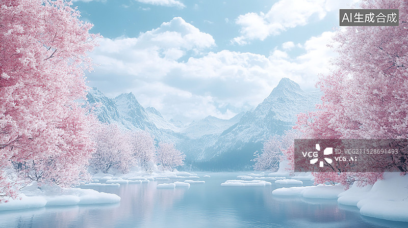 【AI数字艺术】冬季仙境风景广阔的户外环境湖面上的白色冰山远处的雪山粉色树木环绕云自然冬天立冬背景图片素材
