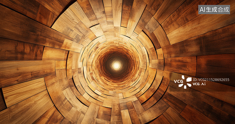 【AI数字艺术】一个由木板构成的螺旋形结构。光线从结构的一端透入，形成了明暗对比的效果图片素材