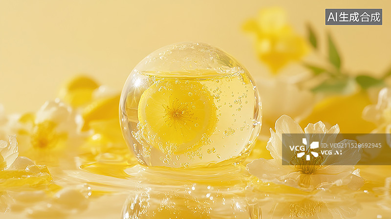 【AI数字艺术】淡黄色植物精华美容保湿液体大气泡里有一朵柠檬花茶多酚化妆品原材料、生态美容和秋冬护肤解决方案美容行业图片素材