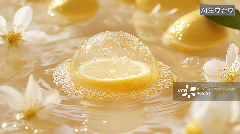 【AI数字艺术】淡黄色植物精华美容保湿液体大气泡里有一朵柠檬花茶多酚化妆品原材料、生态美容和秋冬护肤解决方案美容行业图片素材