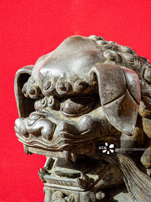 红色背景下的青铜狮子图片素材