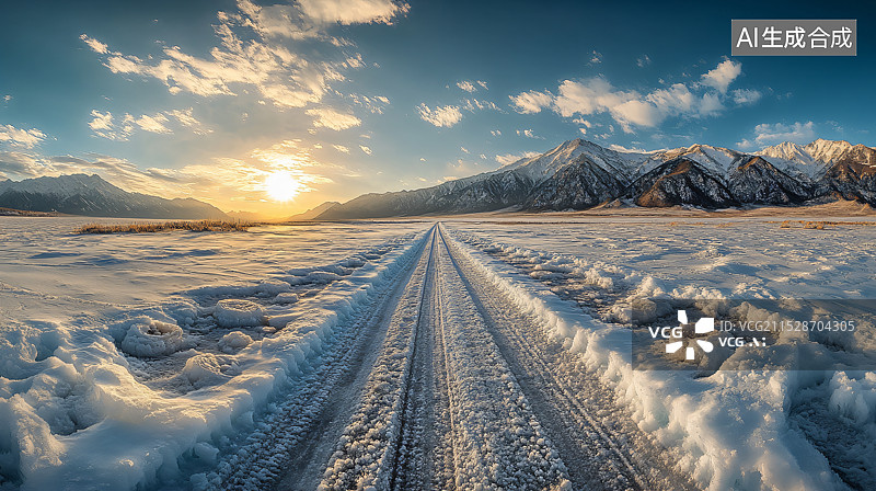 【AI数字艺术】雪山风景，包含高峰、平台、道路和砖地停车场，适用于汽车广告背景，留白背景图片素材