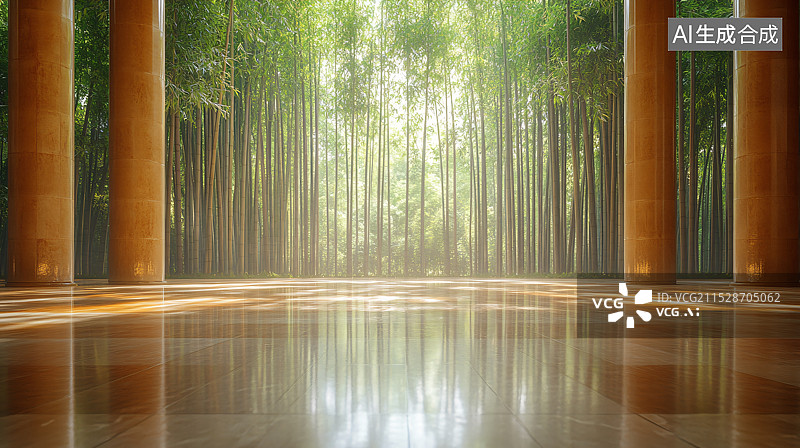 【AI数字艺术】宁静的竹林小道，带有停车区和砖路，适用于汽车广告图片素材