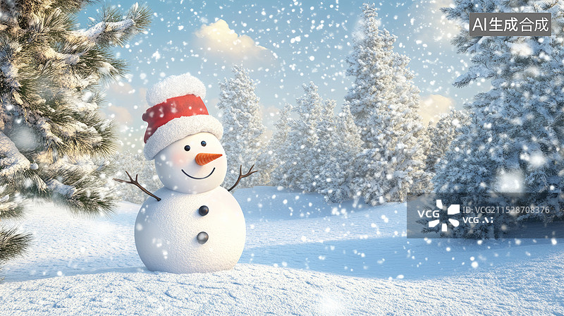 【AI数字艺术】冬季3D插画背景，雪人雪山3D插画图片素材