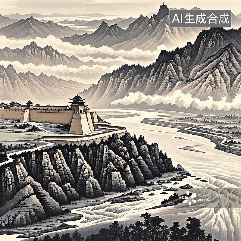 【AI数字艺术】奔流的黄河与孤独耸峙的玉门关关隘插画图片素材