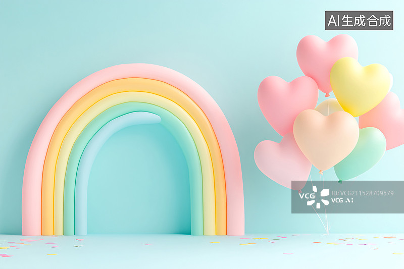 【AI数字艺术】节日的气球和彩虹三维场景插图图片素材