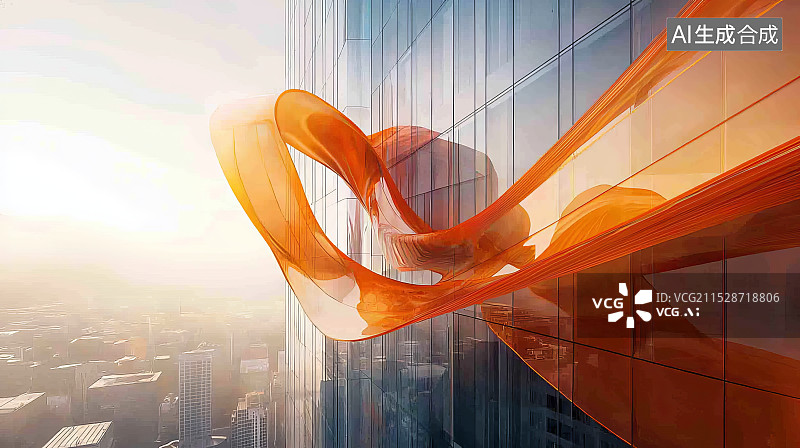 【AI数字艺术】现代建筑与橙色飘带艺术图片素材