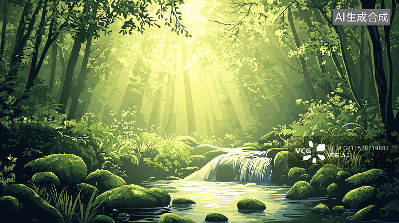 【AI数字艺术】森林小溪阳光透射图片素材