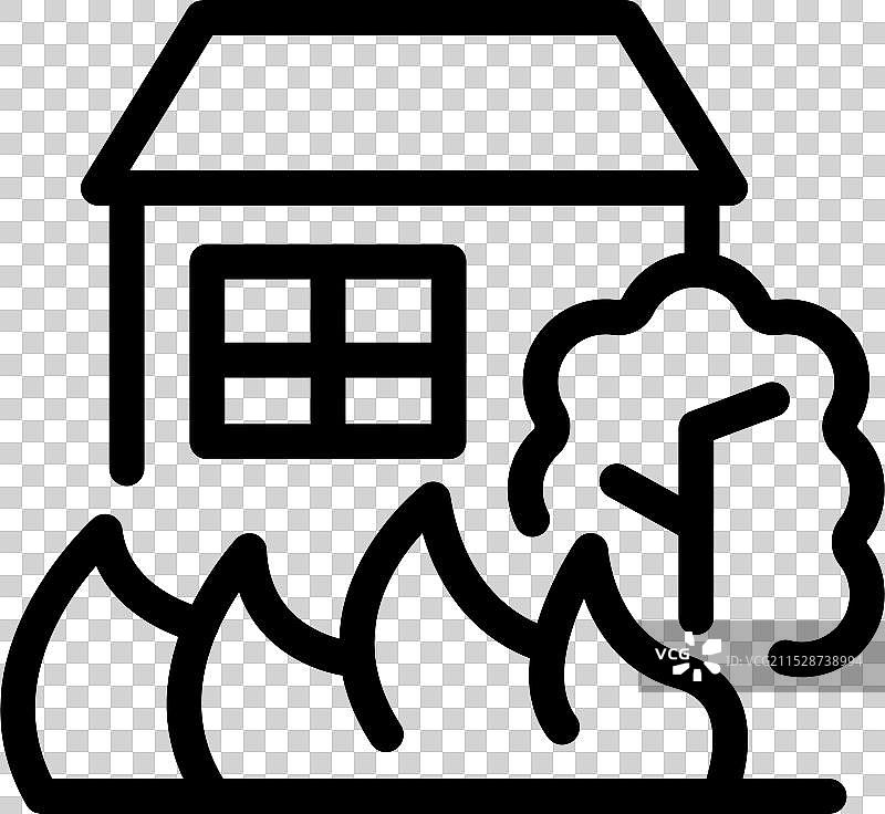 房屋着火旁边有树的线条图标图片素材