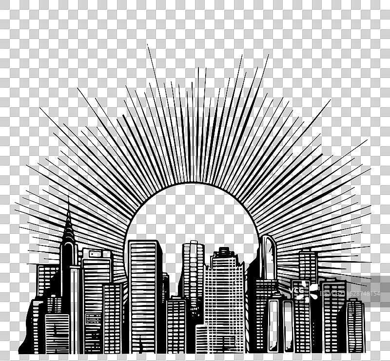 城市天际线上的日落剪影图片素材