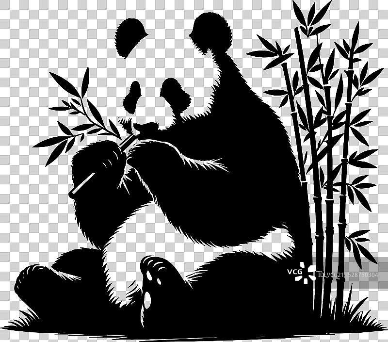 一只坐着吃竹子的熊猫剪影图片素材