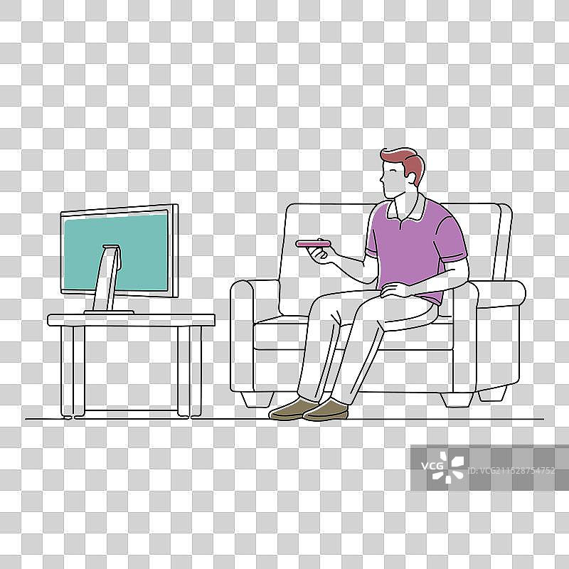 沙发上的男人在看电视，换频道。图片素材