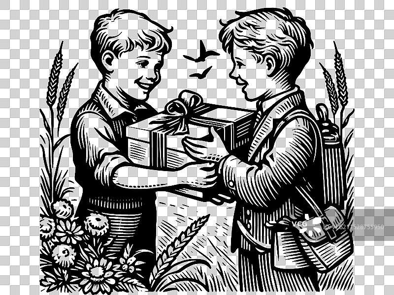 一个朋友给另一个朋友送礼物，学校里的男孩们图片素材