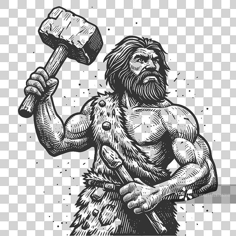 史前人类在洞穴中使用石锤图片素材