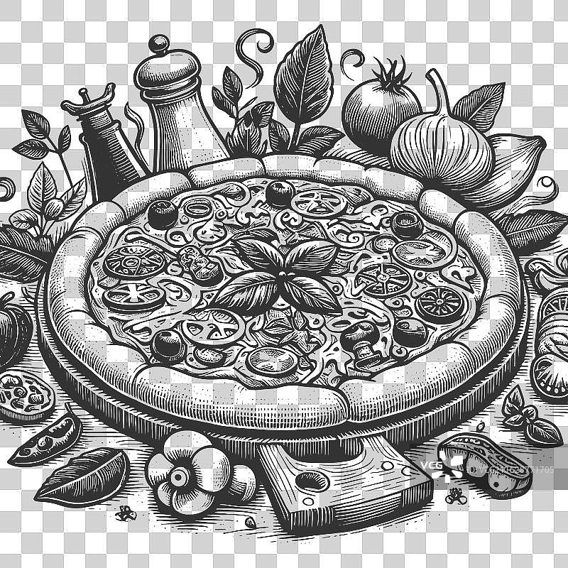 比萨饼及其配料的俯视图图片素材