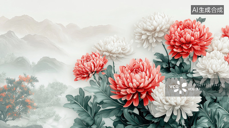 【AI数字艺术】中国风山水牡丹花绘画图片素材