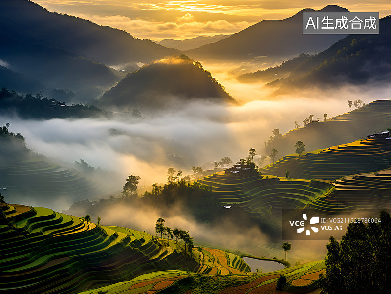 【AI数字艺术】航拍视角下秋天早晨的梯田风光图片素材