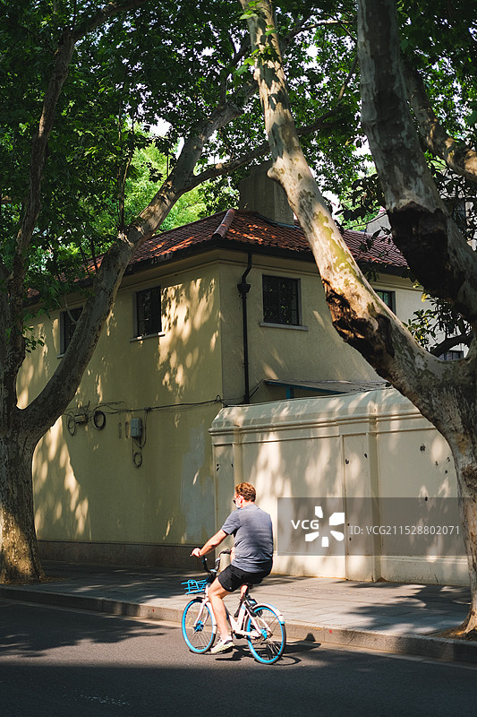 斑驳的树荫下的上海城市街道与骑自行车的人的后视角图片素材