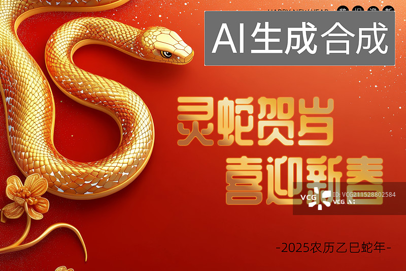 【AI数字艺术】蛇年2025年金蛇红色背景国风海报，十二生肖贺岁图片素材