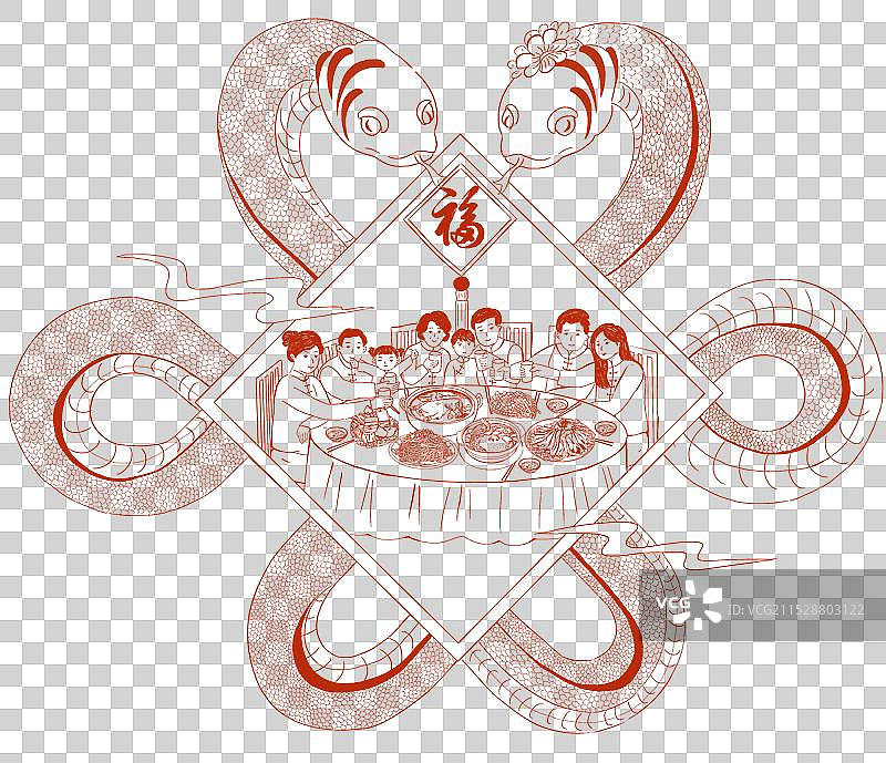 蛇年中国新年祝福贺卡年画 节日插画 双蛇中国结与阖家团圆创意创意设计 民族风剪纸线条画元素图片素材