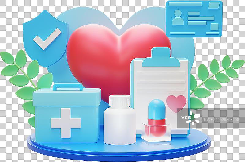 心医保卡医药箱护盾药瓶记事本心脏健康三维图图片素材