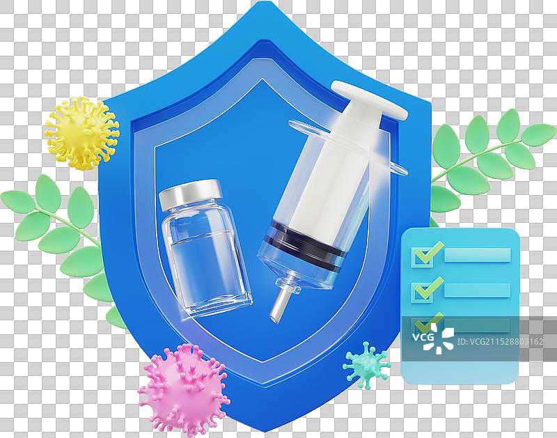 疫苗注射器记事本病毒护盾医疗健康三维图图片素材