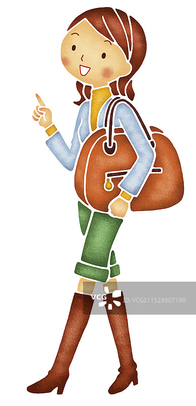 女人拿着包并指着前方图片素材