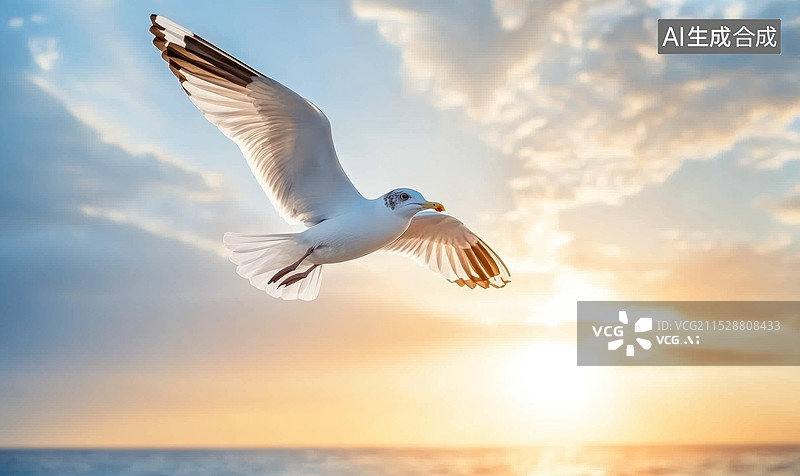 【AI数字艺术】一只海鸥在日落时分的天空中飞翔。背景是金色的夕阳和云彩，水面反射着阳光，整个画面充满了宁静与美丽。图片素材